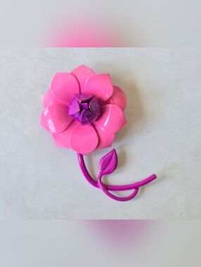 Vintage Mid Century Metal Enamel Flower Brooch w/ Stem Pink & Purple